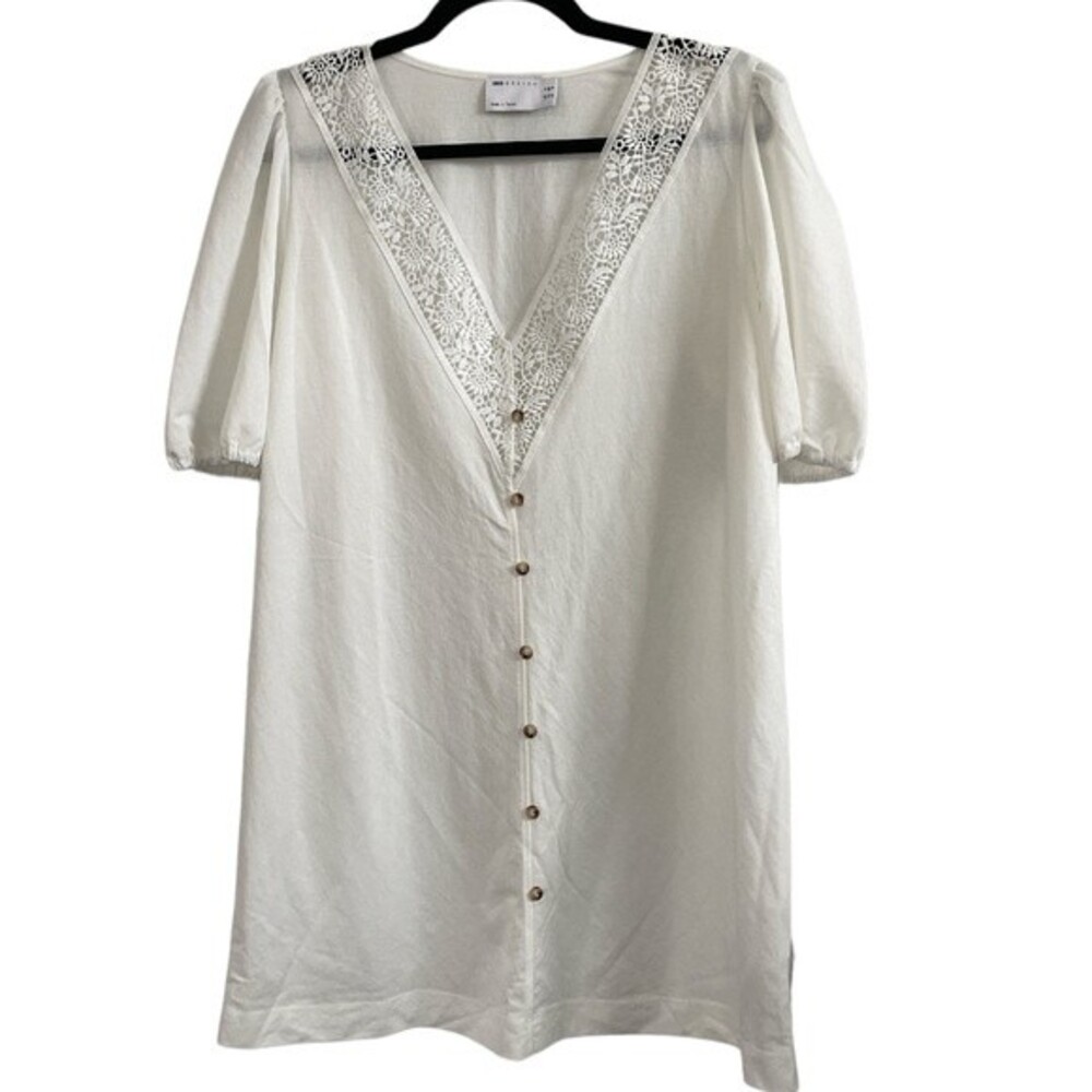 ASOS Design White Crochet Lace‎ V-Neck Button Front Puff Sleeve Mini Dress US 6